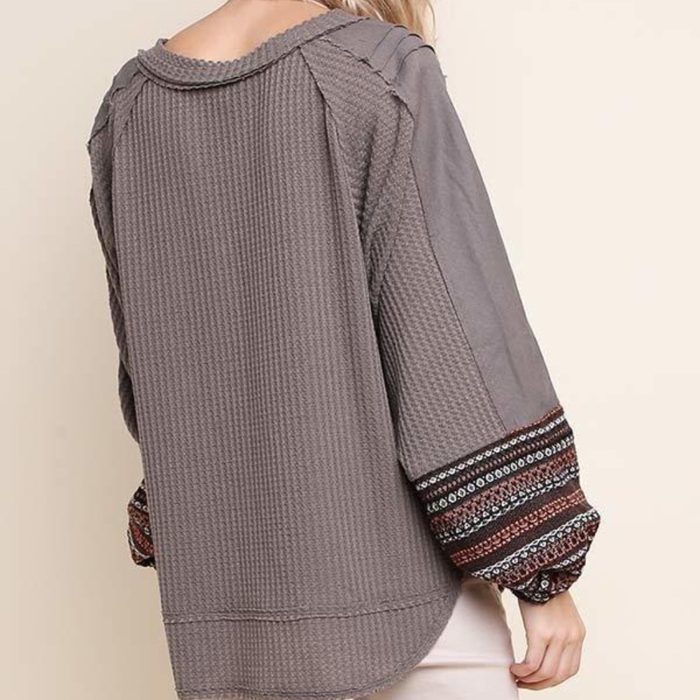 Thermal Balloon Sleeve Embroidered Top - Picture 2 of 5